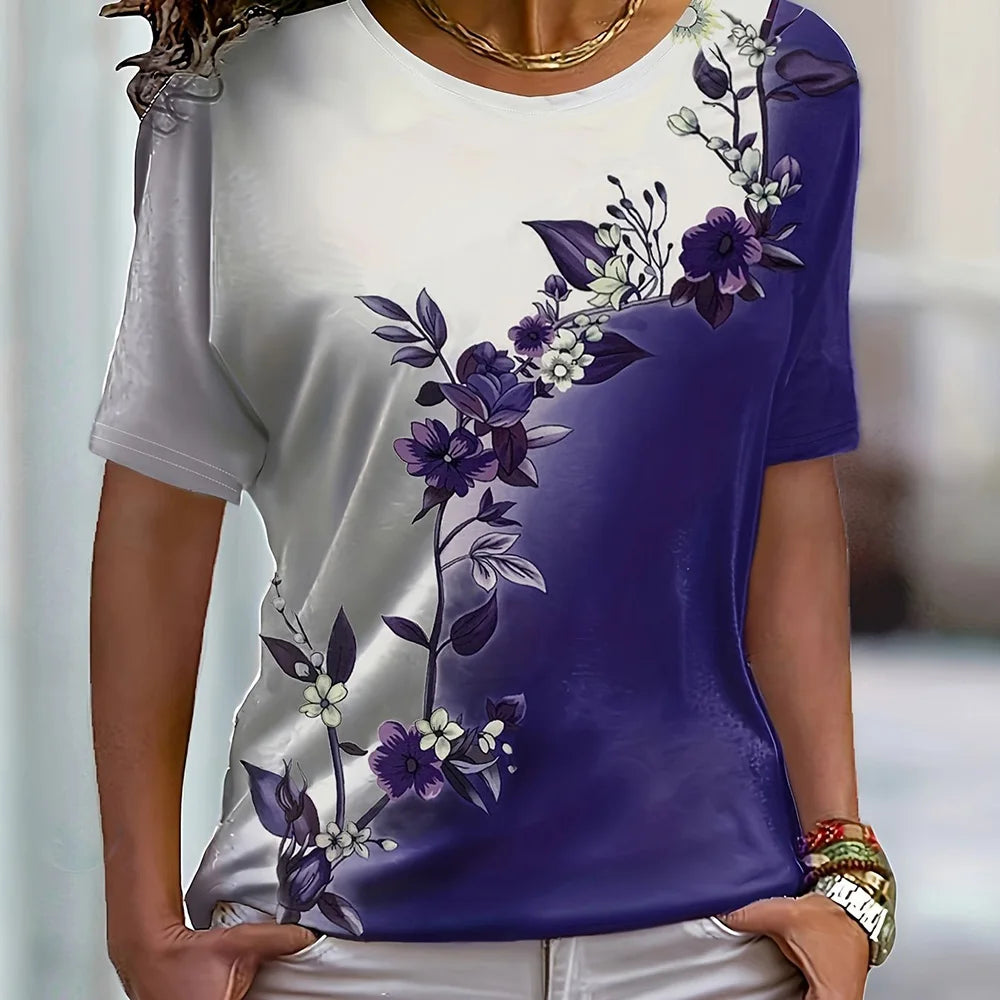 T-shirt Summer Fashion Short sleeved Top Flower Print Loose Clothing Women's Party T-shirt