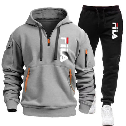 Autumn and Winter 2025 new men's hooded sweatshirt + pants two-piece set, outdoor multi-pocket men's pullover sportswear set