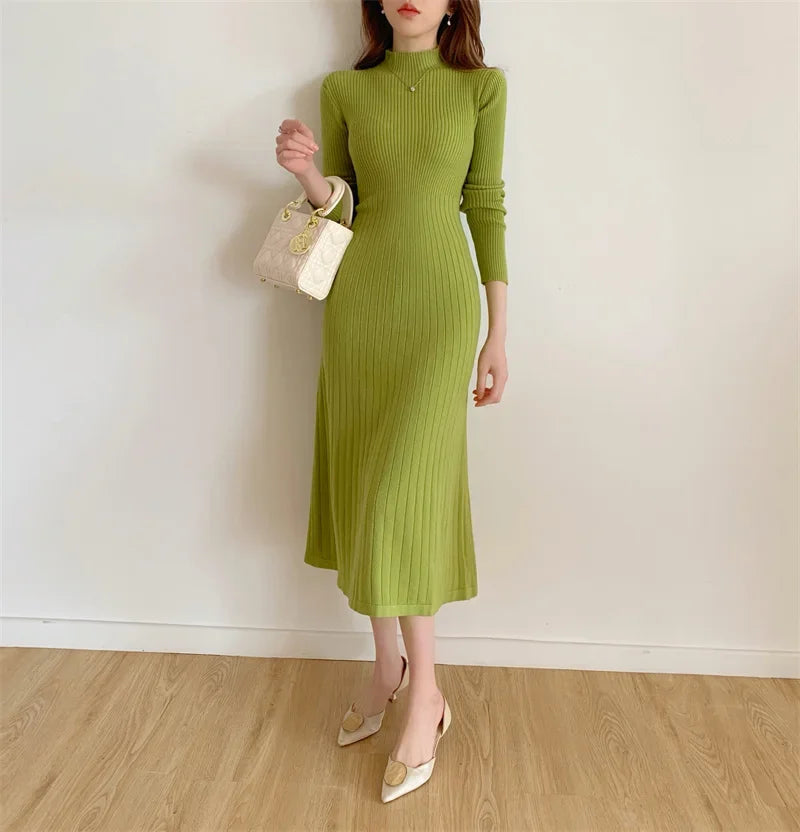 Slim Long Sleeve Party Midi Dress for Women Knitted Half High Collar Elegant Knitted Sweater Dresses Ladies