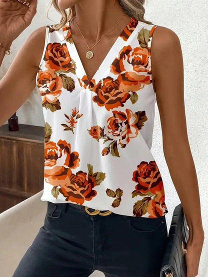 V-neck Vest New Fashion Plant Printed Sleeveless Top Pullover Simple Basic T-shirt