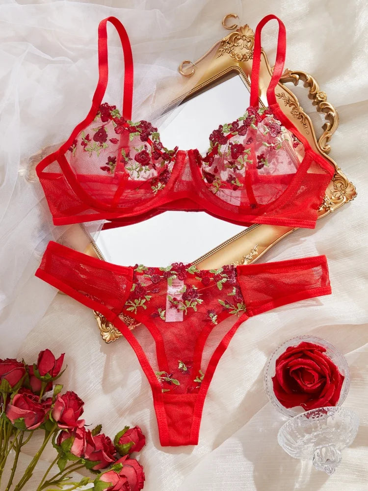 Embroidery Flower Transparent Underwear Bra Thong Set Ultra Thin Cup Large Size Perspective Wire Free Bikini Suit Women 2 Piece