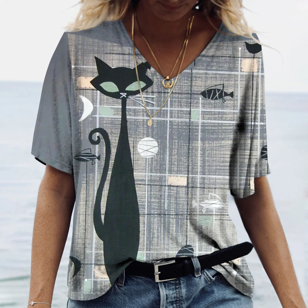 T-shirt Cartoon Cat Print Summer Short Sleeve V-Neck Kawaii Fashion Casual Tee Shirts With Cat Funny Femininity Clothing