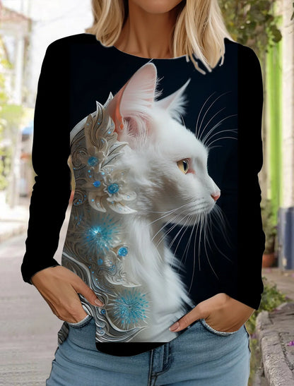 Long Sleeve 3D Printed Kitten Cute Print T-Shirt Women's Streetwear Round Neck Long Sleeve