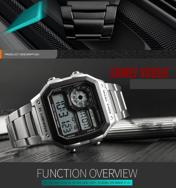SKMEI 1335 Digital Watch for Men Retro Sports Waterproof Chrono Electronic Mens Wristwatches Stainless Steel Clock Reloj Hombre
