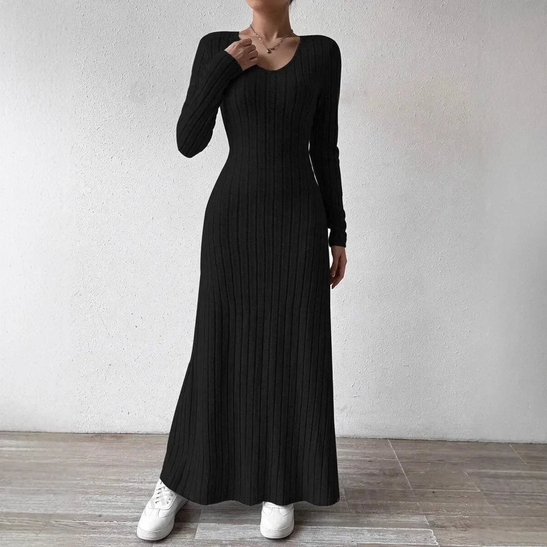 Knitted Long Sleeve A- Line Streetwear Dress For Women Smooths And Slims Your Silhouette Solid Color Long Dress