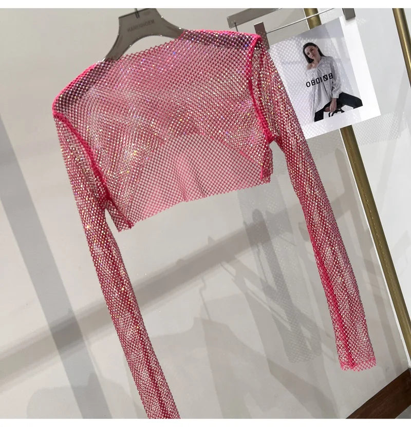 Bright diamond short top Slim thin Ms. hot drill long-sleeved T-shirt sexy leak waist nightclub