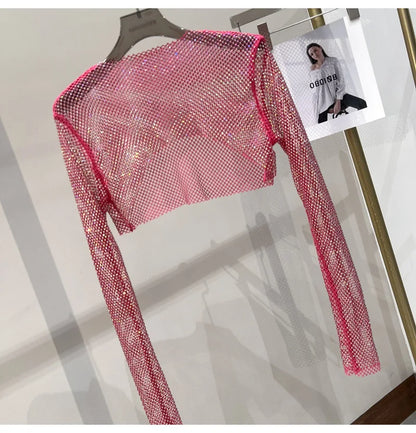 Bright diamond short top Slim thin Ms. hot drill long-sleeved T-shirt sexy leak waist nightclub