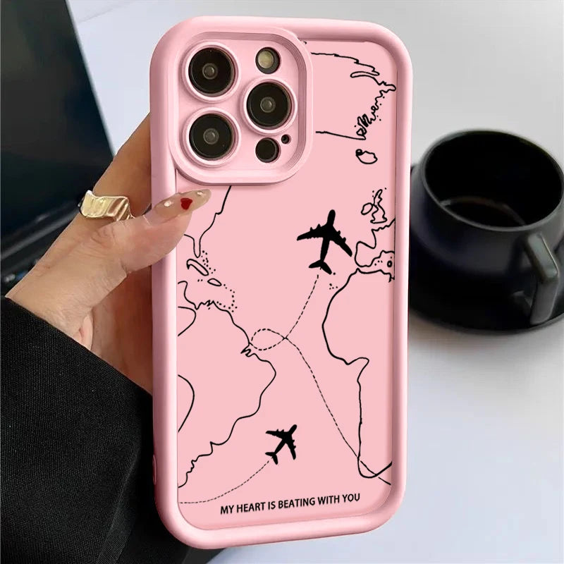 Airplane Route Pattern Phone Case For iPhone 17 Air 16e 16 15 14 Pro Max 13 12 Pro 11 15 Plus Shockproof Soft Silicone Cover