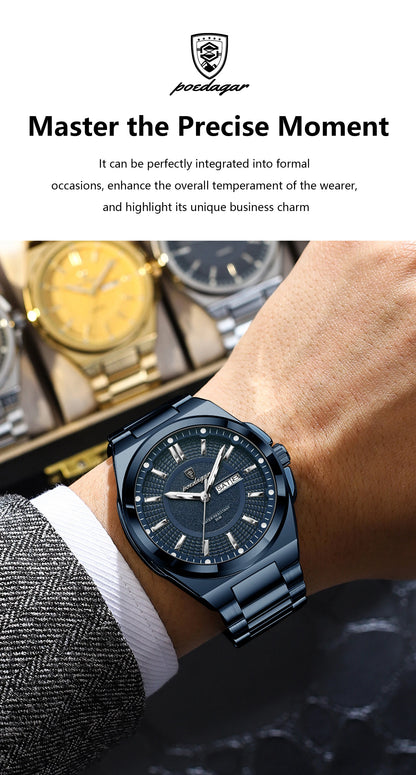 POEDAGAR Sport Original Men Clock Quartz Date Week Luxury Man Wristwatch Waterproof Luminous Stainless Steel Men's Watches Reloj