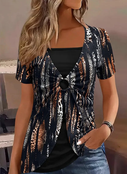 Elegant Square Neck Women's Short Sleeve T-Shirt - Ethnic Leopard Print False Two-Piece Top | Fashionable Streetwear