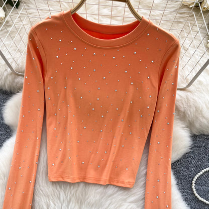 Long Sleeves Hotsweet O-neck Fashion Rhinestone Slim Top French Streetwear Sexy High Street Autumn Winter Women T-Shirts