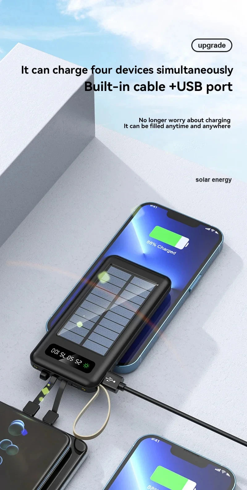 200000mAh Solar Power Bank Large Capacity Mobile Power Fast Charging Battery With Dual USB 4 Cables For iPhone Samsung