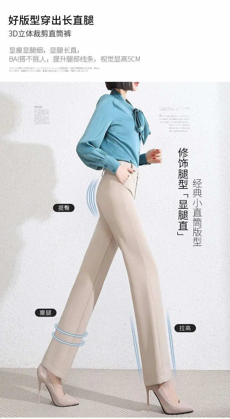 Office Lady Fashion Solid Loose Straight Pants All-match Button Zipper Women Spring Autumn High Waist Pockets Pencil Trousers