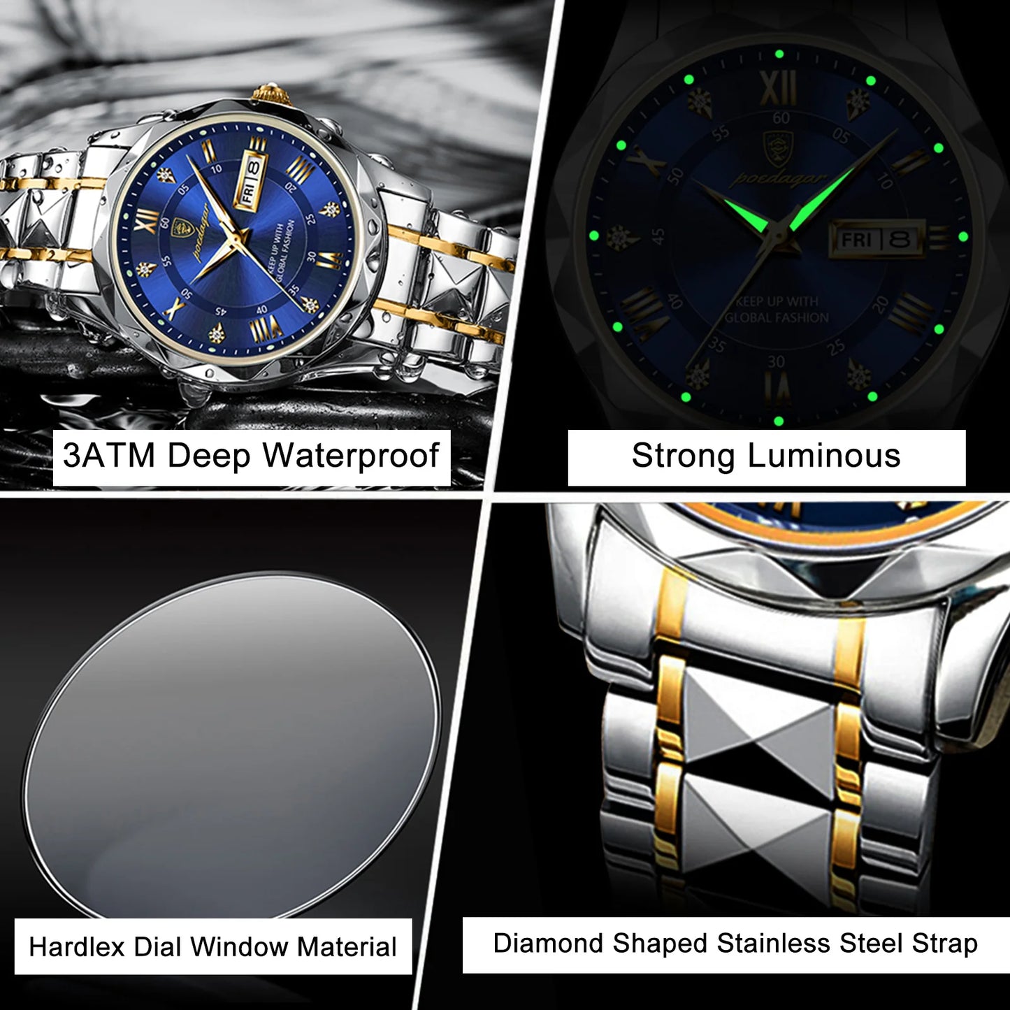 POEDAGAR Business Luxury Men's Watches Waterproof Stainless Steel Luminous Man Wristwatch Date Week Sport Men Quartz Watch Reloj