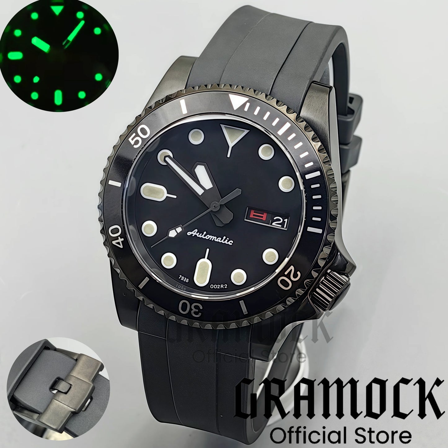 Gramock 40mm Men's Watch NH36 Movement Week-day Display Function Full Black Dial PVD Case Curved End Rubber Strap Waterproof