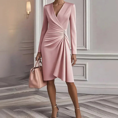 Sexy V-neck Long Sleeve Pleated Dress Elegant Temperament Slim Banquet Dress Autumn New High Waist Commute Midi Dress for Women