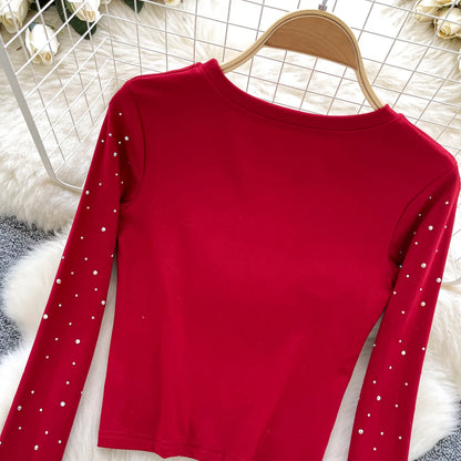Long Sleeves Hotsweet O-neck Fashion Rhinestone Slim Top French Streetwear Sexy High Street Autumn Winter Women T-Shirts