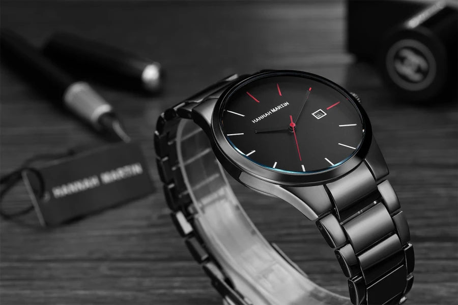 Hannah Martin Men's Stainless Steel Watch Fashion Business Style Black Minimalist Style 3Bar Waterproof Quartz Movement Watches