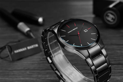 Hannah Martin Men's Stainless Steel Watch Fashion Business Style Black Minimalist Style 3Bar Waterproof Quartz Movement Watches