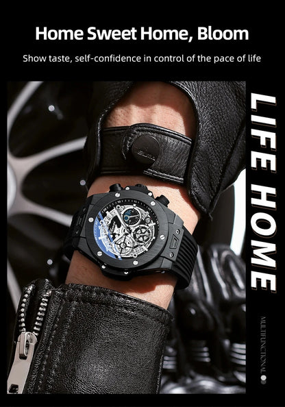 CHENXI Fashion Silicone Chronograph Watch Men Multifunctional Cool Luminous Quartz Starry Lunar Phases Timing Sport Wristwatches