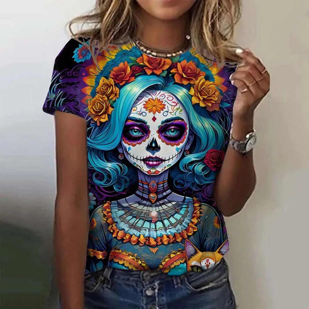 T-shirt for Girls Summer Short Sleeve Casual Sexy Girls Clothes Horror Undead Skull Pattern oversized T-shirts