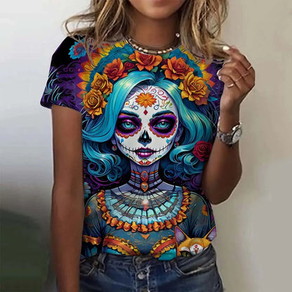 T-shirt for Girls Summer Short Sleeve Casual Sexy Girls Clothes Horror Undead Skull Pattern oversized T-shirts