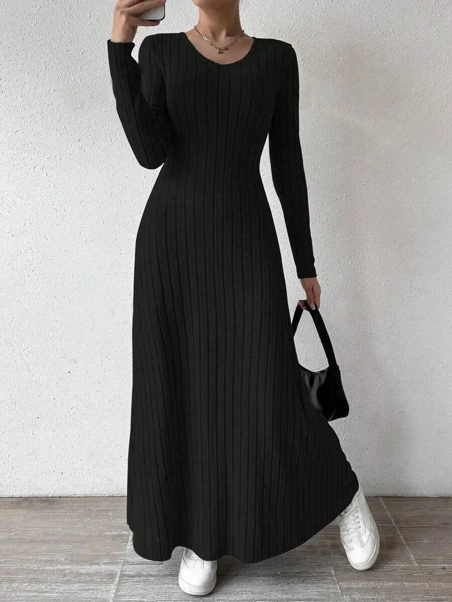 Knitted Long Sleeve A- Line Streetwear Dress For Women Smooths And Slims Your Silhouette Solid Color Long Dress
