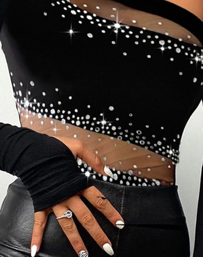 Spring New Fashion Rhinestone Bandeau Sheer Mesh Slim Fit Long Sleeve Tee Sexy Skinny Daily T-Shirt Top