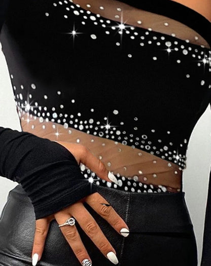 Spring New Fashion Rhinestone Bandeau Sheer Mesh Slim Fit Long Sleeve Tee Sexy Skinny Daily T-Shirt Top