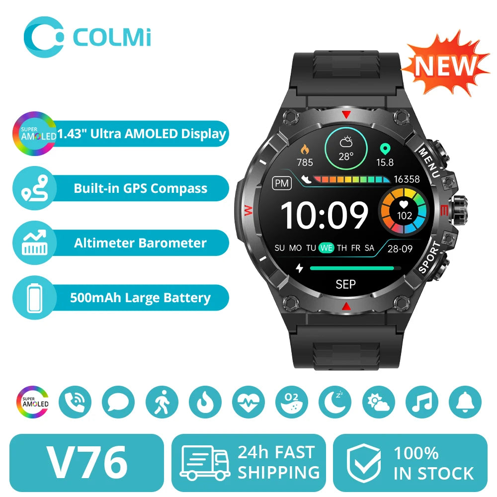 COLMI V76 GPS Smartwatch 1.43" Ultra AMOLED Display Built-in Compass Altimeter Bluetooth Call Smart Watch 500mAh Battery