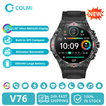 COLMI V76 GPS Smartwatch 1.43" Ultra AMOLED Display Built-in Compass Altimeter Bluetooth Call Smart Watch 500mAh Battery