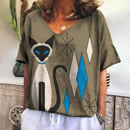 Women T Shirts Cartoon Cat Graphic Girls Clothing Large Size V Neck Short Sleeve Tee Summer Fashion Casual Female Clothing