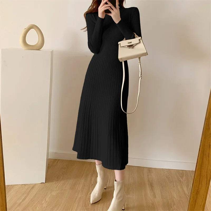 Slim Long Sleeve Party Midi Dress for Women Knitted Half High Collar Elegant Knitted Sweater Dresses Ladies