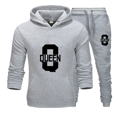 Fashion Lover Couple Clothing Sportwear Set KING QUEEN Printed Hooded Clothes 2PCS Set Women Hoodie and Pants Suit Hoodies