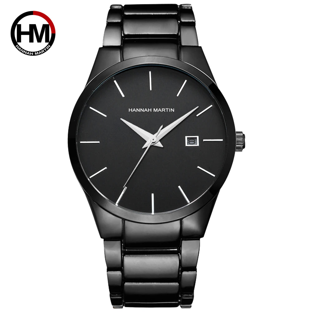 Hannah Martin Men's Stainless Steel Watch Fashion Business Style Black Minimalist Style 3Bar Waterproof Quartz Movement Watches