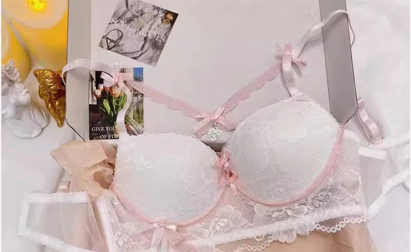 Lingerie Japanese Lace Bra Set, Heart Pendant Purple Lingerie Sexy & Pure Small Chest Push Up Bralette, Fashion Outerwear Design Enhancer