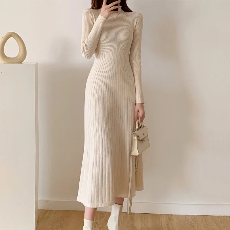 Slim Long Sleeve Party Midi Dress for Women Knitted Half High Collar Elegant Knitted Sweater Dresses Ladies