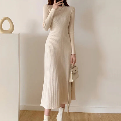 Slim Long Sleeve Party Midi Dress for Women Knitted Half High Collar Elegant Knitted Sweater Dresses Ladies