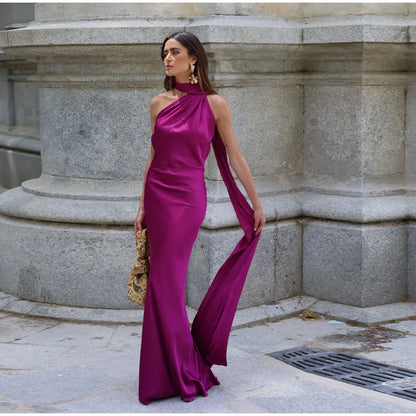 Elegant Ribbon Halter Dress Women Solid Off Shoulder Sleeveless Backless Slim Maxi Dresses 2025 Summer Autumn Party Robes Lady