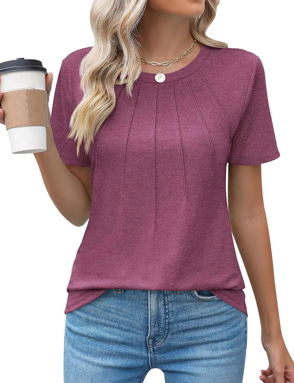 Womens Casual Crew Neck Short Sleeve Pleated Tops Blouses Fashion Clothes