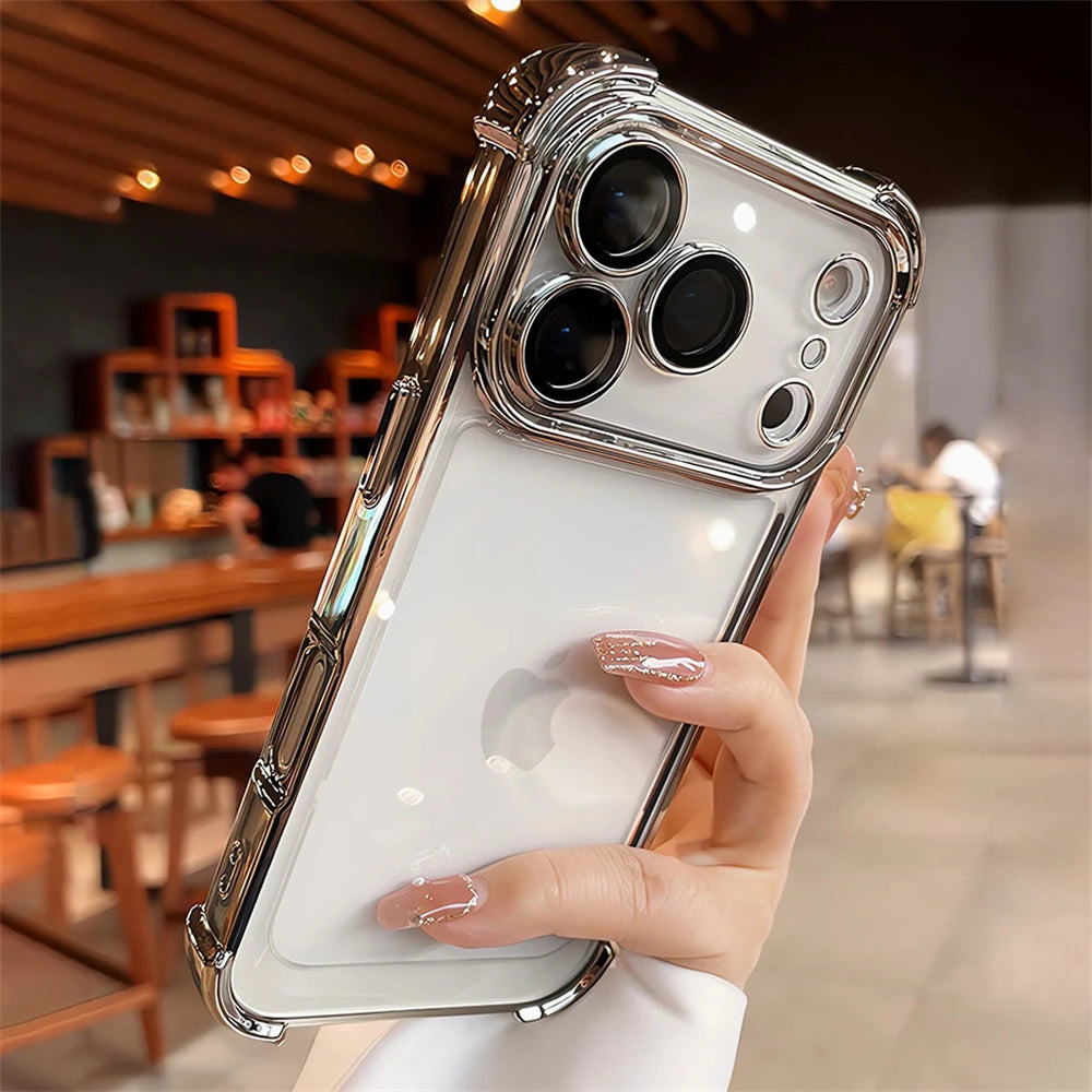 For iPhone 17 Pro Max 16 15 Plus 14 13 12 Transparent Electroplated Case Full Lens Protection Bumper Shockproof Plating Cover