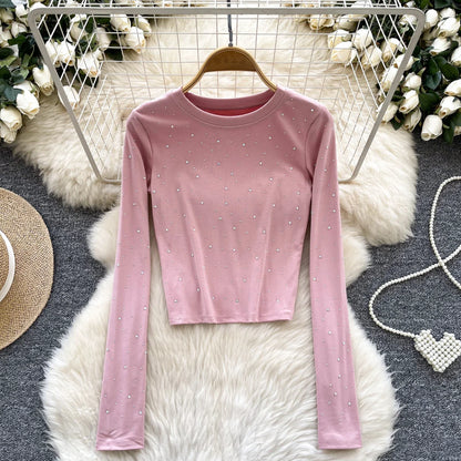 Long Sleeves Hotsweet O-neck Fashion Rhinestone Slim Top French Streetwear Sexy High Street Autumn Winter Women T-Shirts