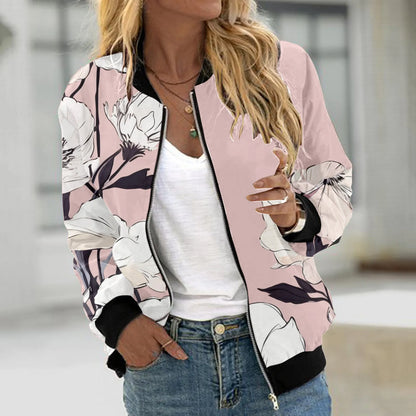 Autumn Bomber Jacket For Women Fashion Flower Print Outwear Stand Collar Zipper Baseball Coat Elegant Slim Basic Ladies Jackets