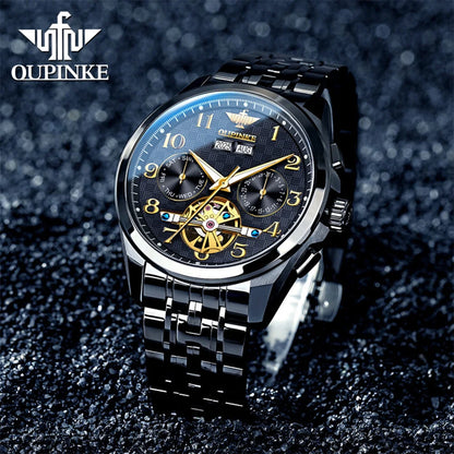 OUPINKE 3263 Mens Watch Luxury Flywheel Automatic Mechanical Watch﻿ 50M Waterproof Luminous Tungsten Steel Brand Watches New