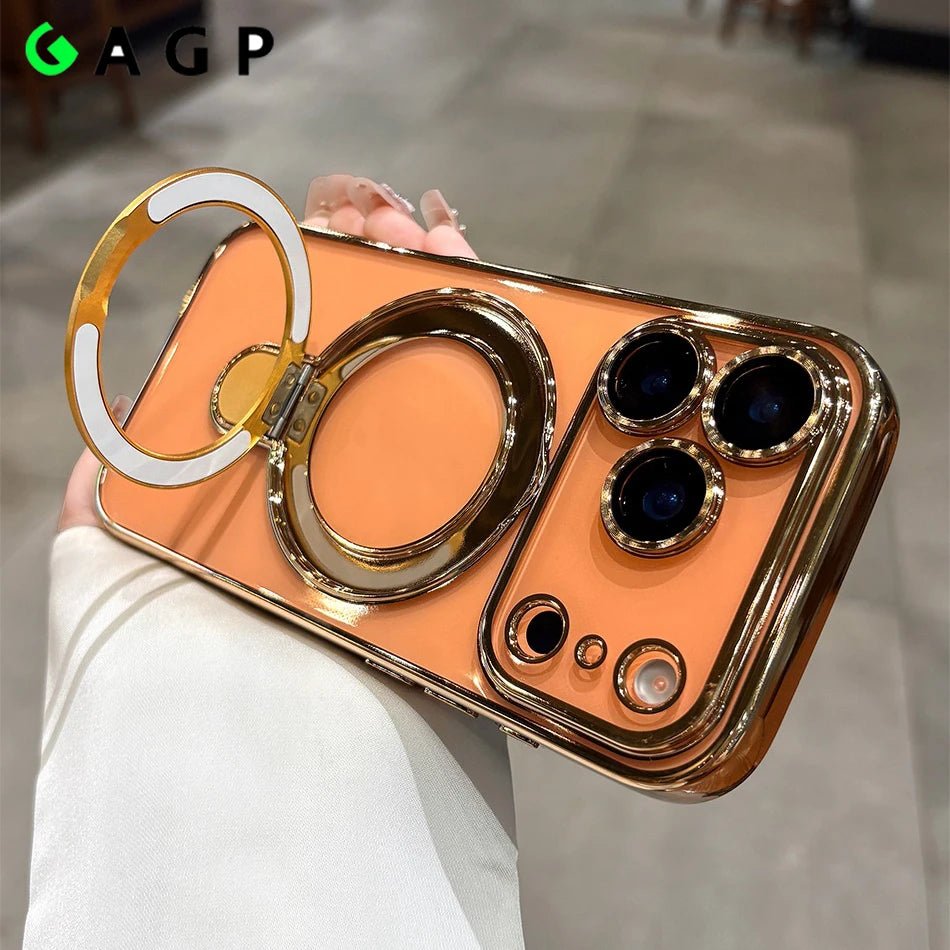 Iphone 17 Air Case Plating Magsafe Magnetic Bracket Case for iPhone 17 16 Pro 13 12 Max 15 14 16 Plus 17PRO Transparent Cove