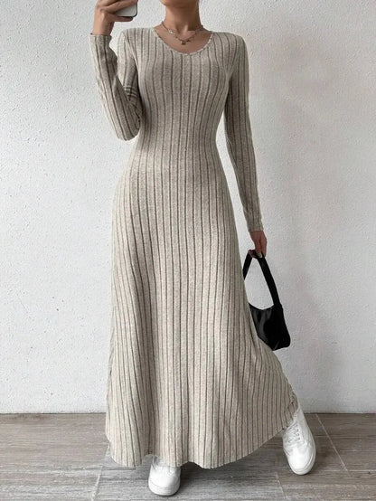 Long Sleeve A- Line Streetwear Dress For Women Smooths And Slims Your Silhouette Solid Color Long Dress