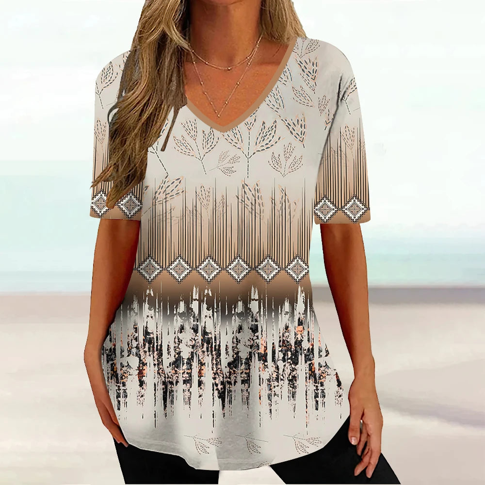 Wind Ladies V-neck T-shirt Summer Outdoor Casual Short Sleeve Tops Retro Street Flower Print OverSize Women's Clothing