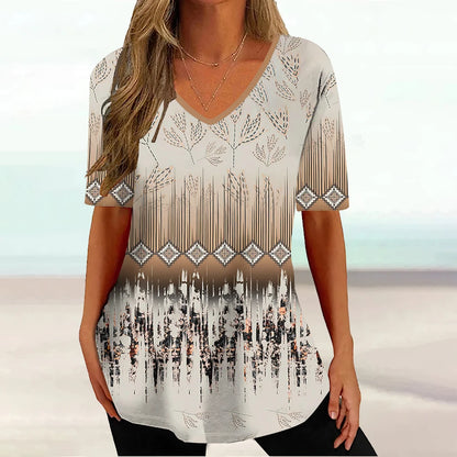 Wind Ladies V-neck T-shirt Summer Outdoor Casual Short Sleeve Tops Retro Street Flower Print OverSize Women's Clothing