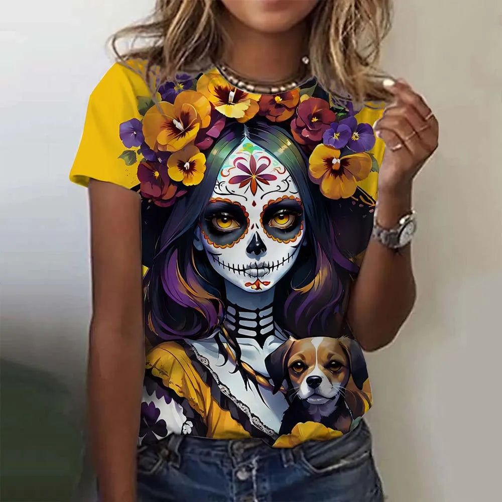 T-shirt for Girls Summer Short Sleeve Casual Sexy Girls Clothes Horror Undead Skull Pattern oversized T-shirts