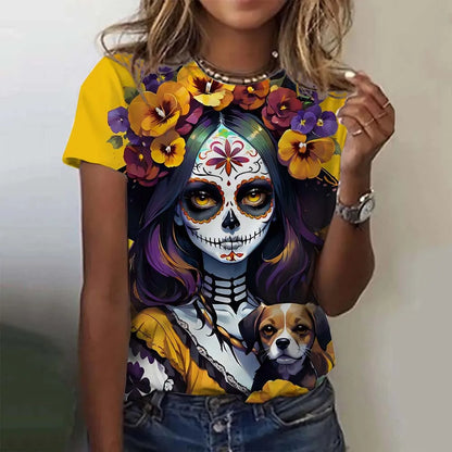 T-shirt for Girls Summer Short Sleeve Casual Sexy Girls Clothes Horror Undead Skull Pattern oversized T-shirts